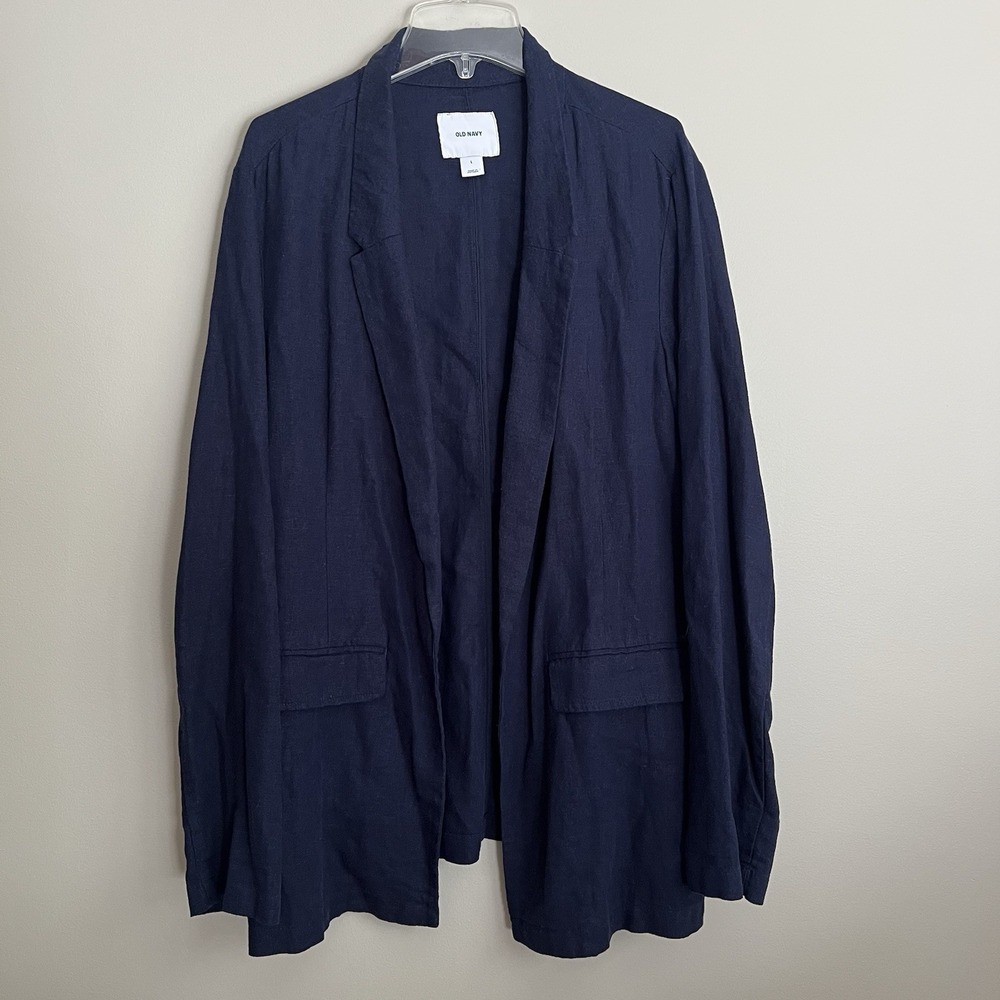 Old Navy Women Blazer L Navy Linen Blend Casual Coastal Minimalist Quiet Luxury